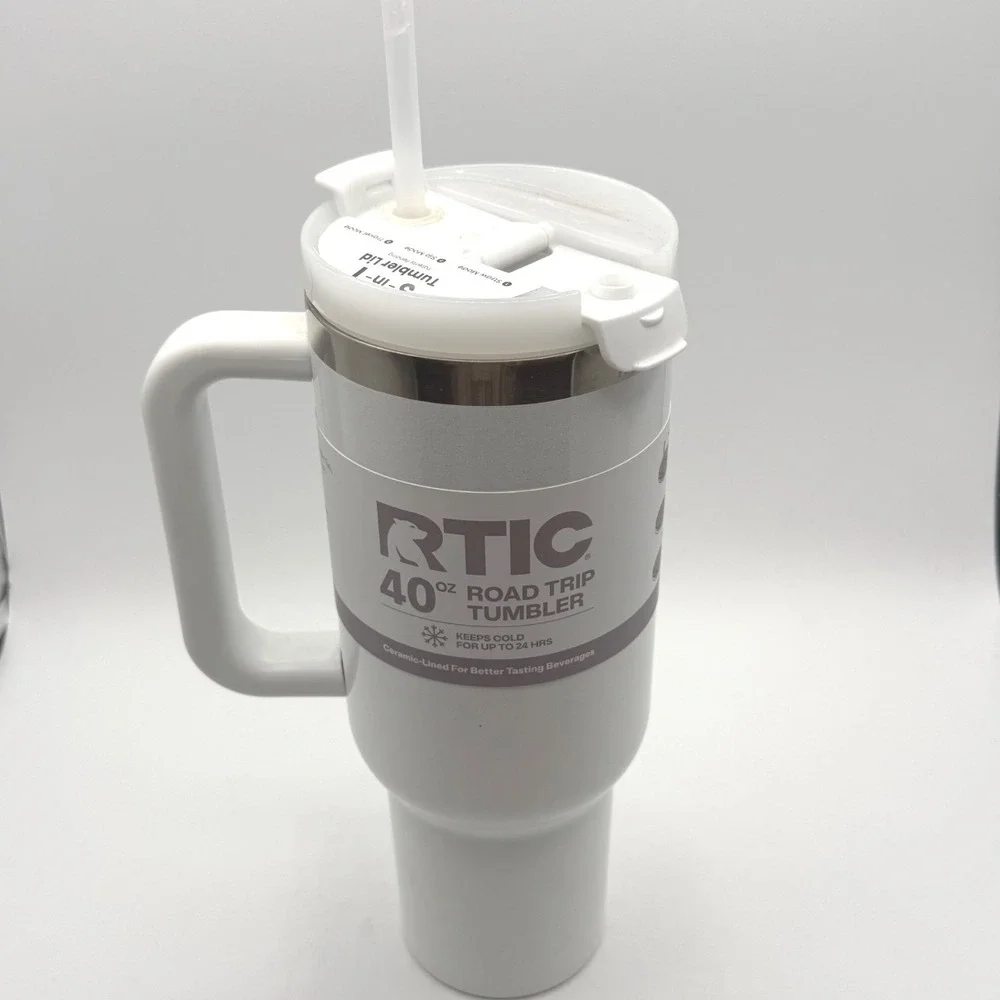 RTIC 40oz Road Trip Tumbler White Ceramic Lined Insulated Travel Mug with Handle